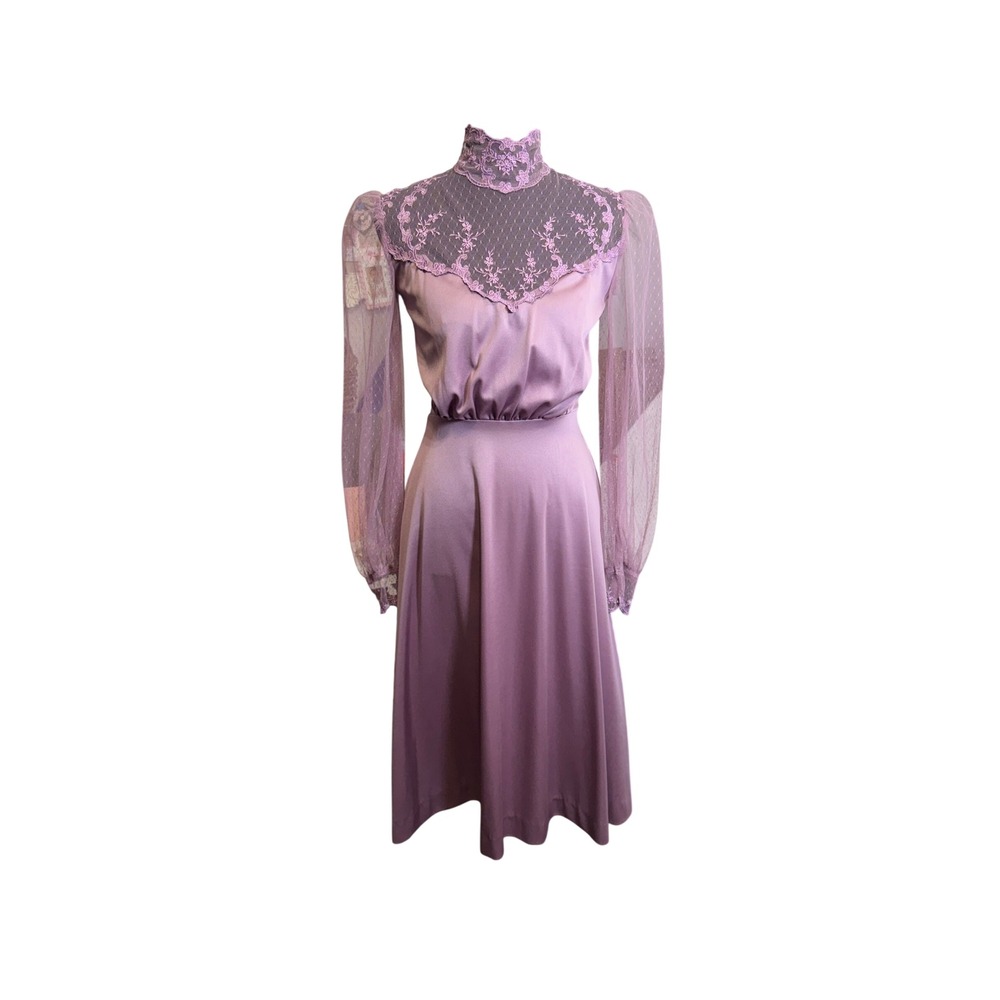 Vintage ILGWU Prairie Dress Small Purple Lace High Neck 70s Midi Cottagecore